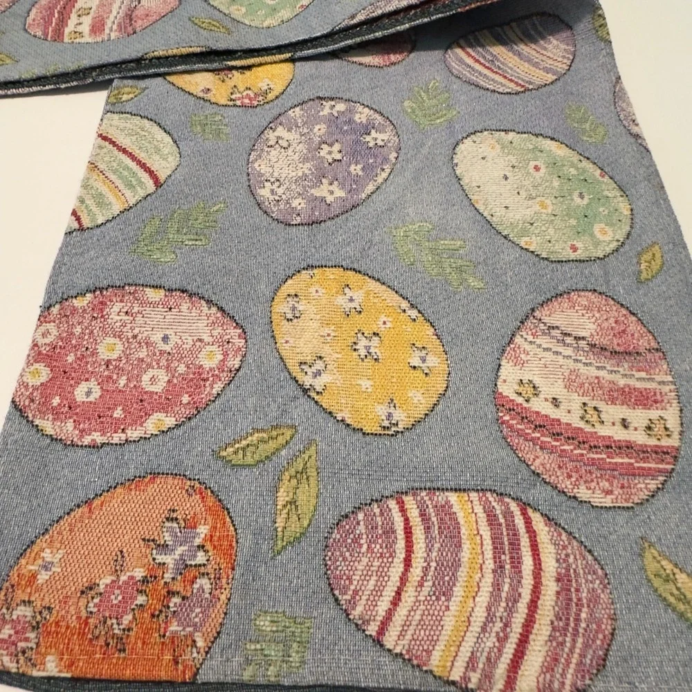 Easter Egg Woven Tapestry Table Runner Blue Spring Holiday Decor 13x70 Festive